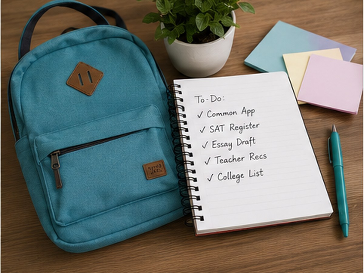 A planning desk with a senior-year checklist, backpack and school materials